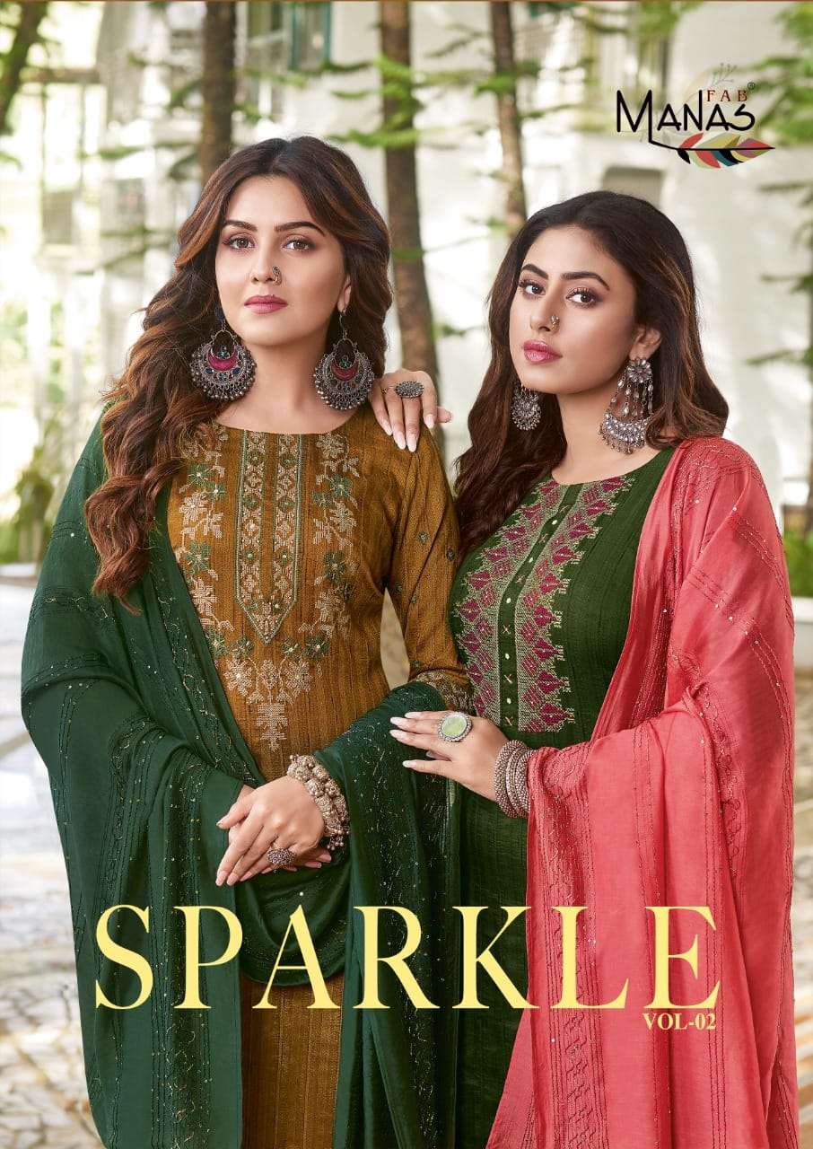 Manas Fab-  Sparkle Vol.2-Fabrics- Chinon Weaving-Embroidery-work-Kurti-Handwork-Full Inner-Rayon Slub Lycra-Pant-Chanderi Viscose-Crochet Work-Dupatta-Poster